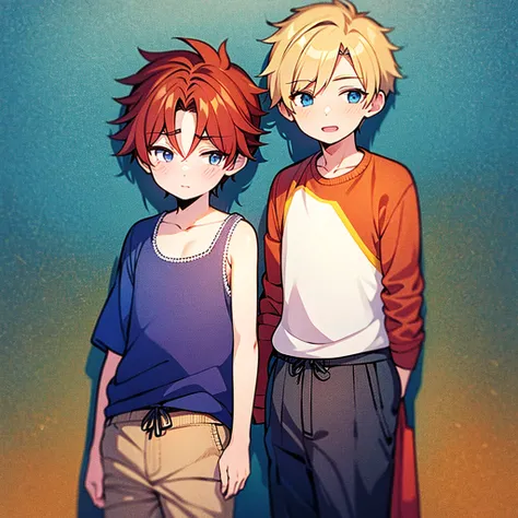 (masterpiece, best quality),  intricate details, 1boys,brown hair, red left eye right blue eyes,  light orange hair, drak red ha...