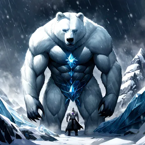 Polar bear stands looking at the sky Medium muscular, frozen planet setting, snowstorm , zoomed in on crotch, , chunie, darkgem, He uses an old, torn blanket made of animal hide as a garment for his body.