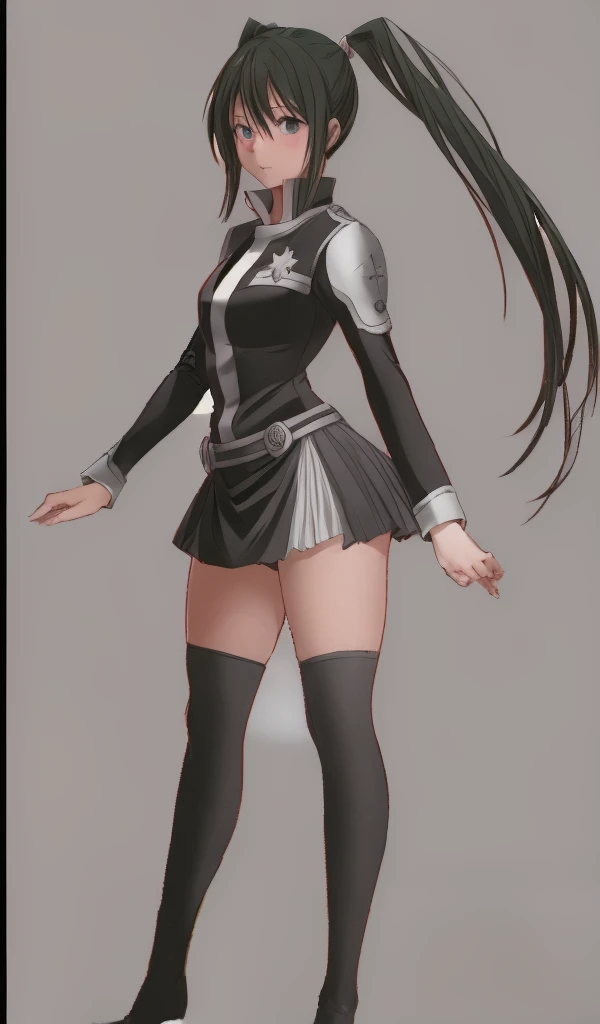 A beautiful-legged twin-tailed Lenalee is standing facing the camera in a miniskirt uniform and knee-high socks.。