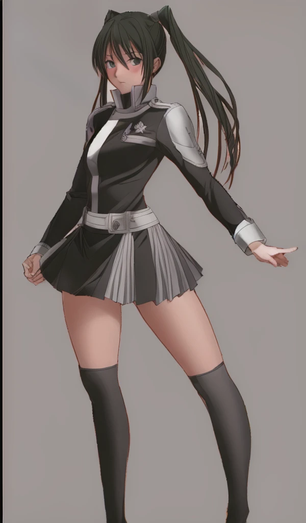 A beautiful-legged twin-tailed Lenalee is standing facing the camera in a miniskirt uniform and knee-high socks.。