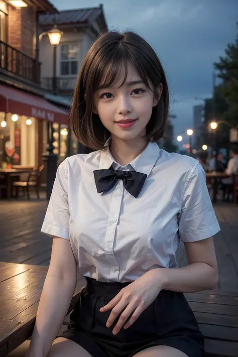 (8K, RAW Photos, Highest quality, masterpiece:1.2), (Realistic, photo-Realistic:1.37), Very detailed, 1 Girl,cute, alone,Beautifully detailed skies,Detailed Cafe,night,Sitting,date,(Red Nose),(smile:1.1),(Mouth closed), Medium Chest,Beautiful attention to ...