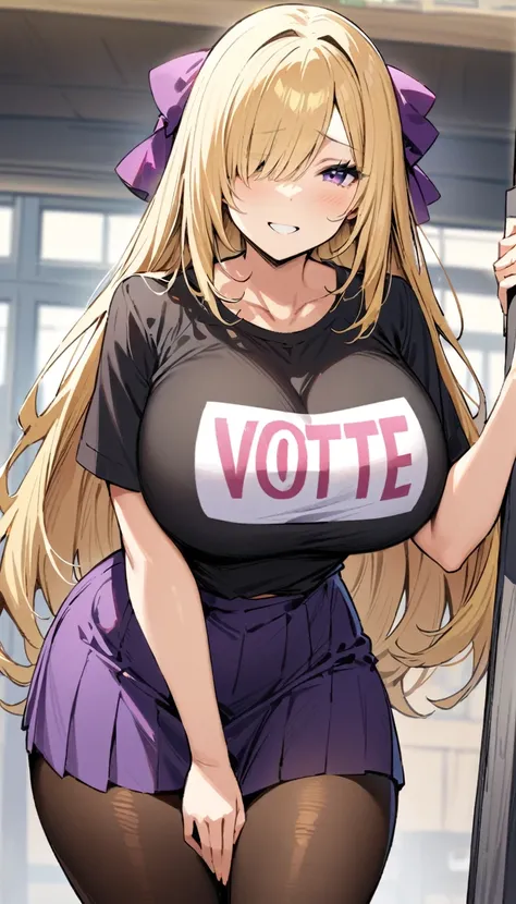 ((Best Quality)), ((Masterpiece)), (detailed), 1 girl, Pastel yellow hair, long hair, hair covers one eye, purple eyes, big breasts, big thighs, expression smiling shy, white vote t-shirt, purple skirt, brown pantyhose