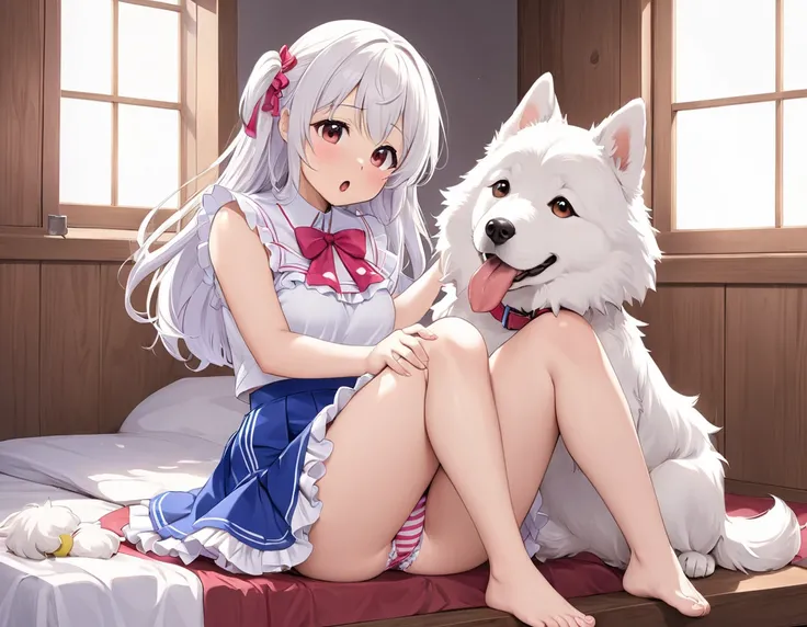 bestiality、Plain white with emphasis on the chestＴshirt、You can see the chest from the neck、Ultramarine and white striped mini skirt、When you lift up her skirt you can see her cute pink frilly underwear...、fluffy, White frilly flared skirt、When she lifted ...