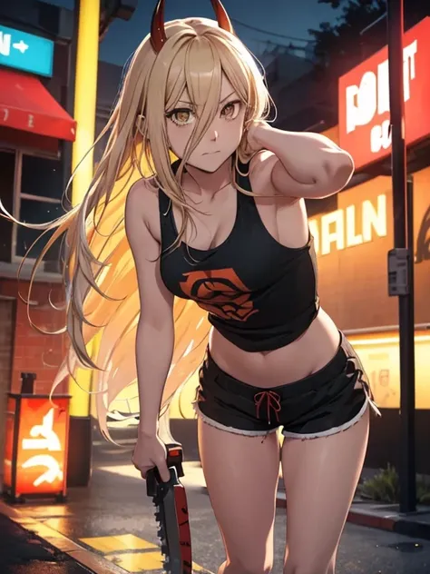 force, anime chainsaw, long yellow hair, red horns, strip bar location, (black tank top), (black running shorts), leans forward, hands on thighs, Close-up