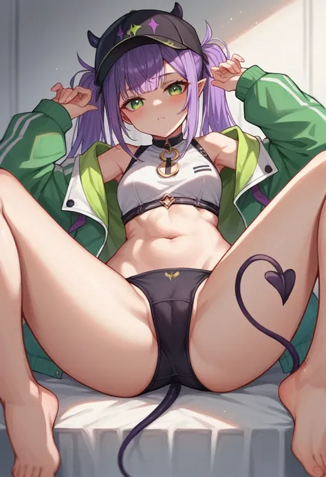 hololive, tokoyami towa,purple hair, twintails, green eyes, long hair,demon tail, whitejacket, black cap, navel, Bottomless, spread legs, panties, cameltoeb