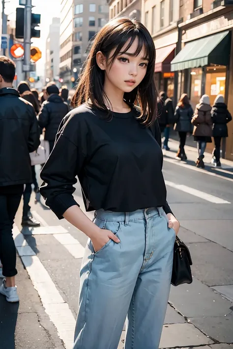 a young woman standing on the street, blur background, beatiful, photorealistic