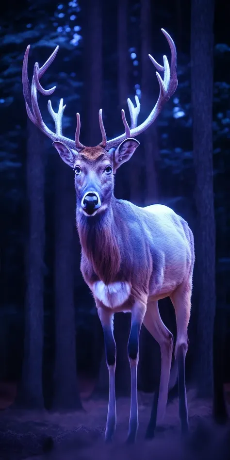 a close up of a deer with glowing antlers in a forest, 3d digital art 4k, digital art animal photo, digital artwork 4 k, holographic creatures, 4k highly detailed digital art, 8k high quality detailed art, 4k detailed digital art, 8 k ultra realistic anima...