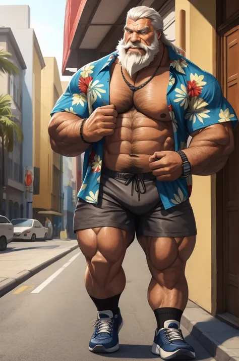 Huge muscular old man in street old man, bearded. white hair and beard, bearded, muscular, pectoral, wide pectoral, thick arms, massive muscular, realistic, 8k, masterpiece, semi realistic:1.2, (wearing shorts and Hawaiian shirt, shoes)