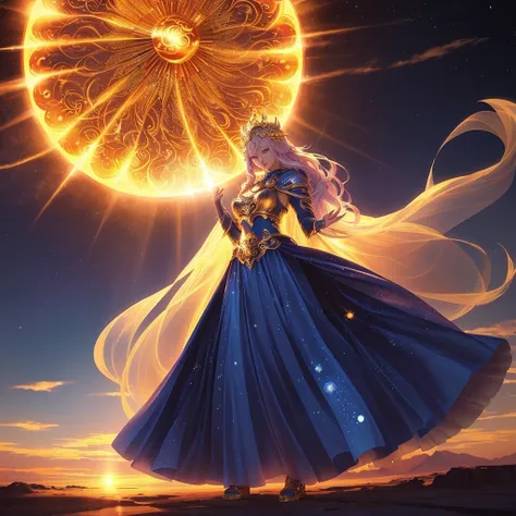 a woman in a long dress standing in front of a sun, beautiful celestial mage, anime fantasy artwork, anime fantasy illustration, anime epic artwork, beautiful anime artwork, the queen of the sun, beautiful anime art, beautiful fantasy anime, goddess of the...