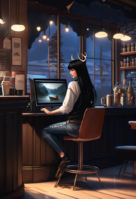 (best qualityer, masterpiece1.2), 1 girl, standing alone, antrum, cally3d, (black body), ink black body, in a coffee shop, sitti...