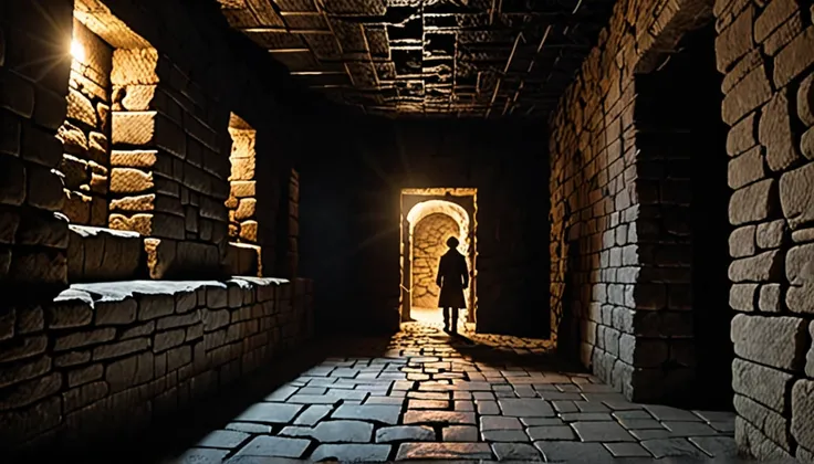 In the enveloping darkness, there exists a young man. He is trapped in an endless underground labyrinth. The walls are rough-hewn stone, and the corridors branch off without clear direction.