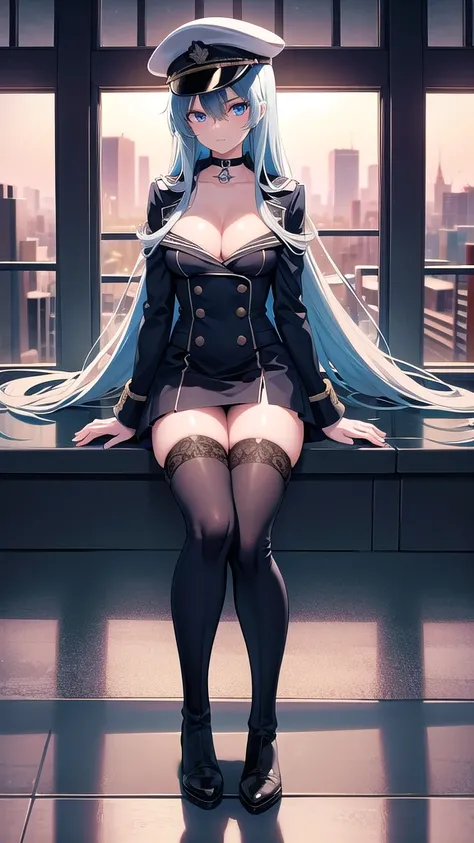 esdeath, esdeath, blue eyes, blue hair, long hair, (small breast:1.2),
BREAK boots, choker, cleavage, collarbone, hat, ice, military,white military uniform, peaked cap, thigh boots, thighhighs, uniform,
BREAK looking at viewer, full body,long legs,milf,35 ...