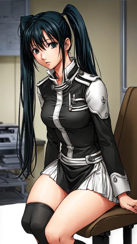 lenalee, with her beautiful legs and twin tails, is sitting on a chair in the medical room wearing a miniskirt uniform and knee ...