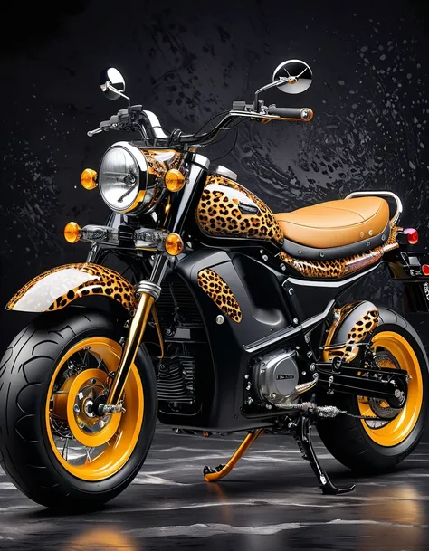 An electric motorcycle with a leopard print retro color，High-quality artworks created by master artists， best quality, Detailed Details，Black mineral background