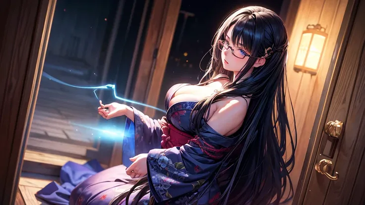 realistic, 1girl, full body, dark long hair, glowing blue eyes, glasses, yukata, opening the door, hands tied into a back hair, parted lips, big breast, blush, midnight, hyper-detailed, high quality, 8k, photorealistic, professional digital painting, drama...