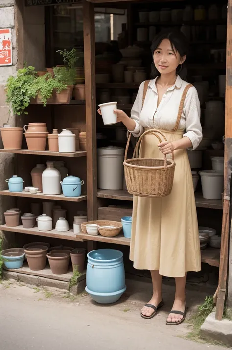 A woman selling plastic pots 