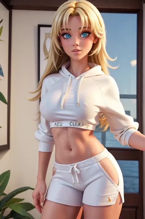 Alisha Lehmann sexy, with blonde hair, She is wearing an open white sweatshirt covering her breasts, eu uma shorts branco. 