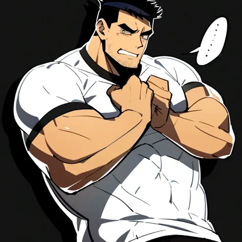 
anime characters：Gyee, Fitness coach, 1 muscular tough guy, Manliness, male focus, SKINS brand sports tight T-shirt, Slightly transparent, muscular male, muscular, only, Upper body, alone, Black short hair, Thick eyebrows, stubble, Yellow eyes, Black back...