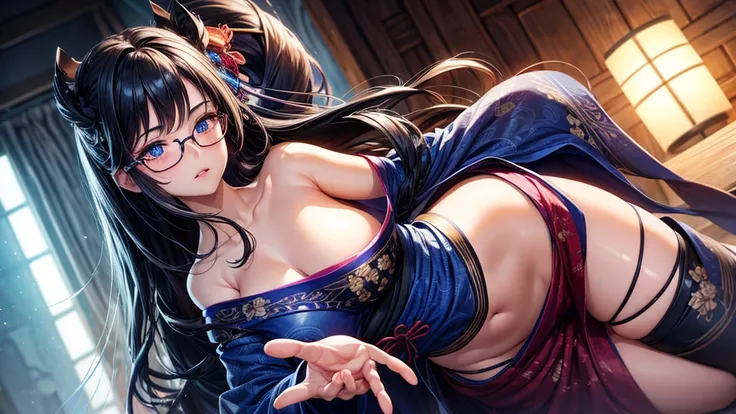 1 girl, full body, dark long hair, glowing blue eyes, glasses, yukata, welcome opening the door, hands tied into a back hair, parted lips, big breast, blush, midnight, hyper-detailed, high quality, 8k, photorealistic, professional digital painting, dramati...