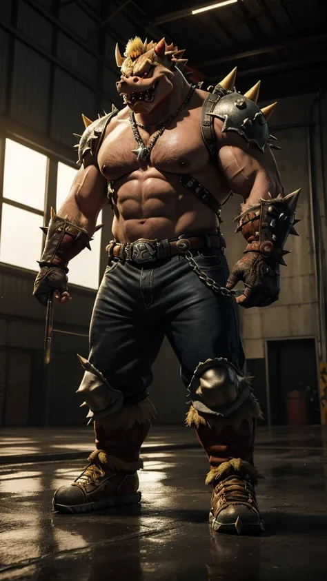 A hyper-realistic 3D rendering of Bowser, a well-known character from the Super Mario franchise, standing in an industrial, dimly-lit warehouse. Bowser has detailed, textured skin with prominent scales and spikes, and his expression is fierce with sharp, i...