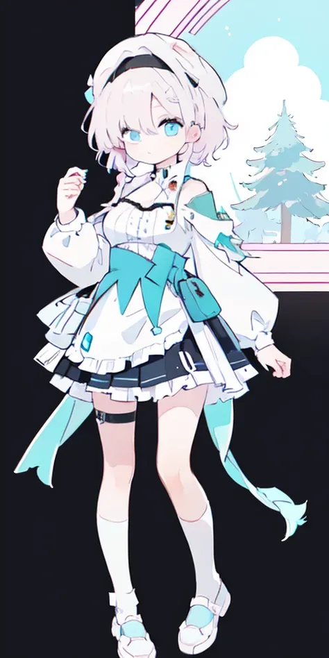 
(One girl),Full Body Lesbian，

Pink Hair,Bright Blue Eyes,Aqua gradient eyes,

Straight long hair,French Braid,Black Hair Band, (White Beret),

Cropped shoulders，White knee-length stockings，Lolita Skirt，High Ponytail