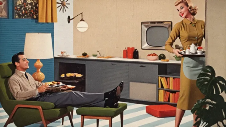 arafed image of a woman serving a man a tray of food, 50s style infomercial, 1 9 5 0's decor, a mid-century modern collage, atom...