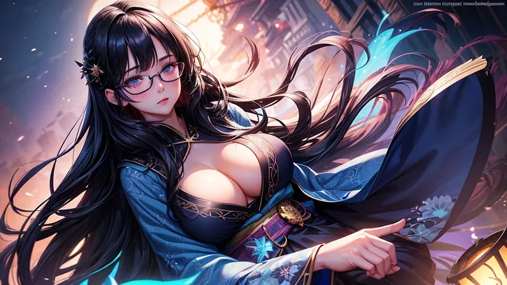 1 girl, full body, dark long hair, glowing blue eyes, glasses, yukata, parted lips, big breast, blush, midnight, hyper-detailed, high quality, 8k, photorealistic, professional digital painting, dramatic lighting, vibrant colors, intricate details, serene a...