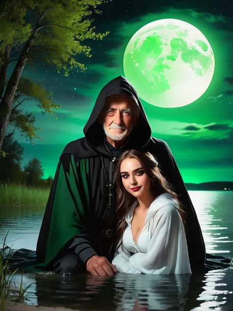 grandfather in a black cloak and black hood, grandfather sits on the shore of the lake,   looks at a beautiful woman, a woman with green eyes stands waist-deep in water, in a white gauze cape. Woman smiling sinisterly,She stands facing her grandfather.nigh...