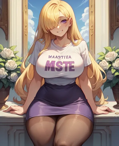 ((Best Quality)), ((Masterpiece)), (detailed), 1 girl, Pastel yellow hair, long hair, hair covers one eye, purple eyes, tight, big breasts, big thighs, expression smiling shy, white vote t-shirt, purple skirt, brown pantyhose