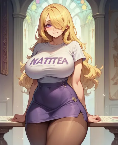 ((Best Quality)), ((Masterpiece)), (detailed), 1 girl, Pastel yellow hair, long hair, hair covers one eye, purple eyes, tight, big breasts, big thighs, expression smiling shy, white vote t-shirt, purple skirt, brown pantyhose