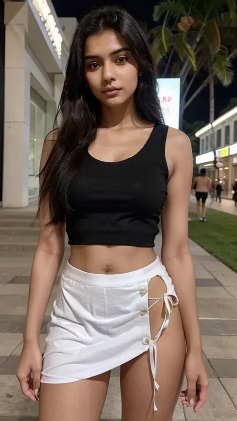 Create a  full image of a sharp face   cute and lovely indian women age is 16  years old ,she have  big emerged    and Slim waist , looking so pretty  ,model and Indian cultured 
And she wears a black   top, white mini skirt,white  sneakers, body looks hot...