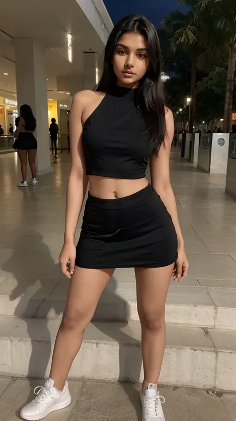 Create a  full image of a sharp face   cute and lovely indian women age is 16  years old ,she have  big emerged    and Slim waist , looking so pretty  ,model and Indian cultured 
And she wears a black   top, white mini skirt,white  sneakers, body looks hot...