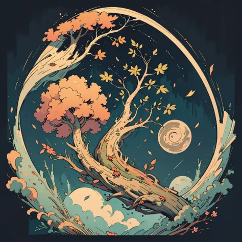 circular tree,four seasons,spring,summer,autumn,winter,leaves,roots,branches,trunk,ornate border,decorative,digital illustration,artwork,movement,time,swirling background,dark background,vibrant colors,natural,life cycle,growth,change,nature,life,peace,har...