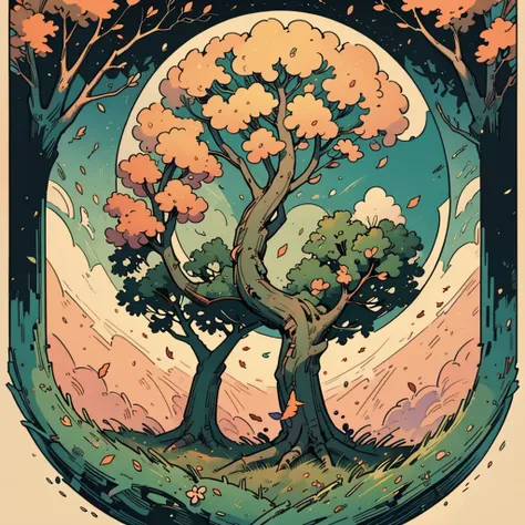 circular tree,four seasons,spring,summer,autumn,winter,leaves,roots,branches,trunk,ornate border,decorative,digital illustration,artwork,movement,time,swirling background,dark background,vibrant colors,natural,life cycle,growth,change,nature,life,peace,har...