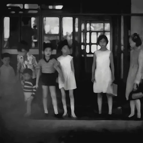 there are many people standing in front of a bus waiting, inspired by diane arbus, grainy black and white footage, inspired by s...