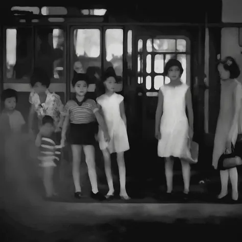 there are many people standing in front of a bus waiting, inspired by diane arbus, grainy black and white footage, inspired by s...