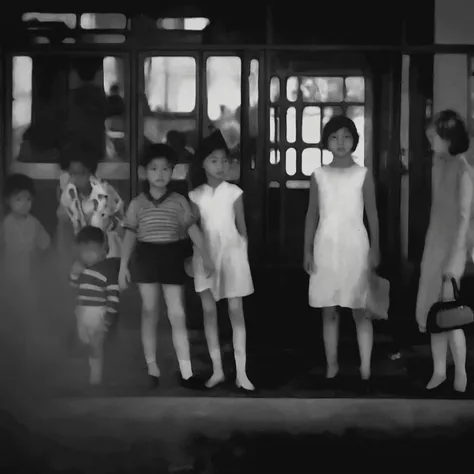 there are many people standing in front of a bus waiting, inspired by diane arbus, grainy black and white footage, inspired by s...