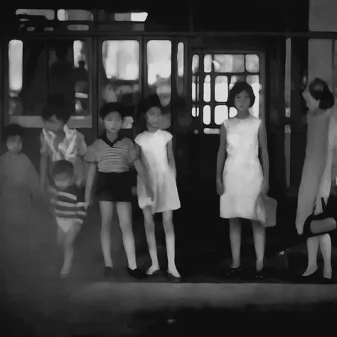 there are many people standing in front of a bus waiting, inspired by Diane Arbus, grainy black and white footage, inspired by Sergio Larraín, inspired by Roy DeCarava, vintage footage on tokyo streets, inspired by Ruth Orkin, grainy vintage, children born...