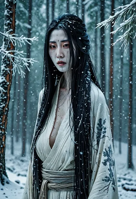 Create a realistic and haunting image of Yuki-onna, the snow woman from Japanese folklore. She should appear as a beautiful yet terrifying figure with long, flowing black hair and a pale, almost translucent complexion. Her eyes should be cold and piercing,...