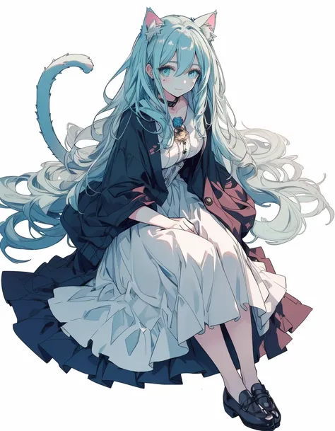 furrowed brow, mole under eye, light smile, full body, ((masterpiece, best quality:1.5)), ((Beautiful detailed cat aqua eyes:1.2)), cat ears, pale skin, medium breasts, beautiful hands, beautiful fingers, EasyNegative