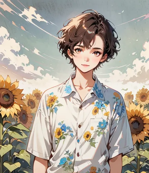 Gentle expression、man、Short Hair、Sunflower field, Cartoon style character design， alone，Floral Shirt，interesting，interesting，Clean Lines