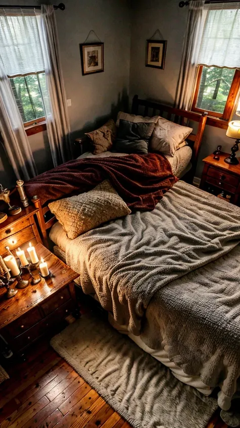 8k portrait of a Bedroom, Comfy, Candle Light, Raining Outside, [the house is in the middle of the woods - On top of a cliff], Comfy bed, Chair and a table, a bag on the floor full of weapons, Dresser, Carpet, Wooden Floor, Opened Half Curtain, [Night]