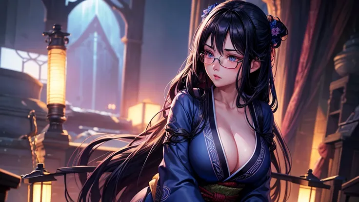 1 girl, full body, dark long hair, glowing blue eyes, glasses, yukata, parted lips, big breast, blush, midnight, hyper-detailed, high quality, 8k, photorealistic, professional digital painting, dramatic lighting, vibrant colors, intricate details, serene a...