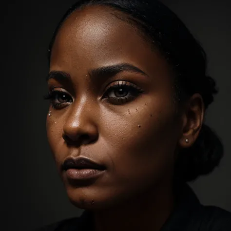 a close-up image of a black girls face where you see her eye and side profile with a tear drop rolling down her face, tonally it should feel gritty, real and the underdog as the thematic statement. keep it dark and ominous