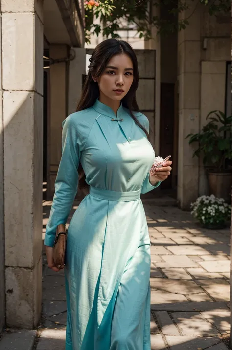 a beautiful girl in vintage colors aodai, masterpiec e, best quality, realistic: 1.3, street, holding bundle o f flowers, sunlight, backlighting, artstation, intricate details, vignettThe owner of an attractive body outli ne and high hips3d 4k