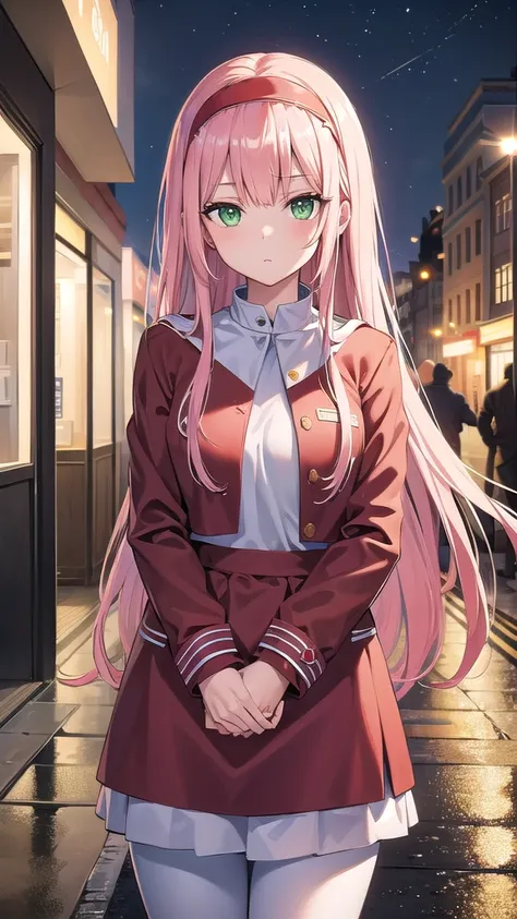 zerotwo, zero two, (green eyes:1.5), hairband, horns, long hair, pink hair, red horns, white hairband,
BREAK jacket, leggings, red jacket, white footwear,white crop top,
BREAK indoors, classroom,BREAK looking at viewer, (cowboy shot:1.5),BREAK (masterpiece...