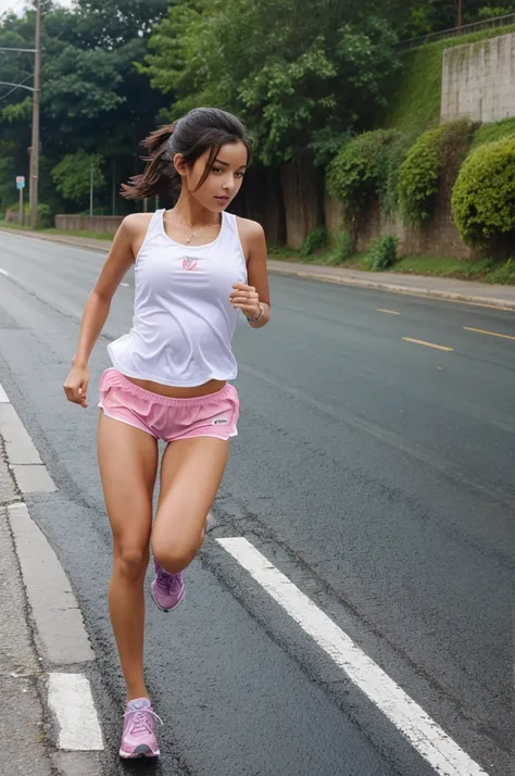 One pregnent girl running on road and falling water hot cute women