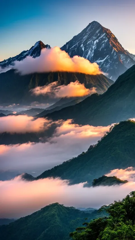 Realistic, Indonesian mountain, cloudy sky in the morning