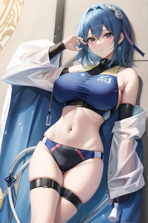 Top quality、Top image quality、masterpiece、Ultra-high resolution、short hair，Blue Hair，1 Female，Tall，Royal sister风格，Royal sister，Looking towards the camera，Swimsuit，手指微微勾起胸前Swimsuit的带子，，Large breast size，Highest definition，Japanese anime style，Highest defini...