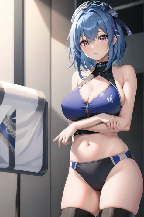 Top quality、Top image quality、masterpiece、Ultra-high resolution、short hair，Blue Hair，1 Female，Tall，Royal sister风格，Royal sister，Looking towards the camera，Swimsuit，手指微微勾起胸前Swimsuit的带子，，Large breast size，Highest definition，Japanese anime style，Highest defini...